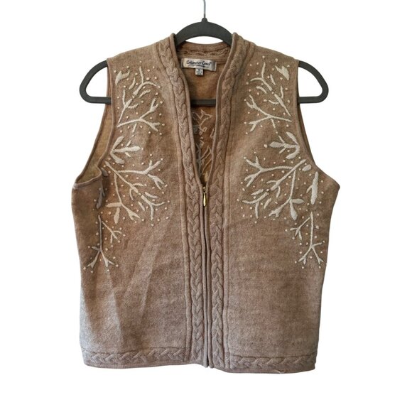 Coldwater Creek Womens Wool Embroidered Brown Tan Zip Up Vest M Winter - Picture 3 of 9